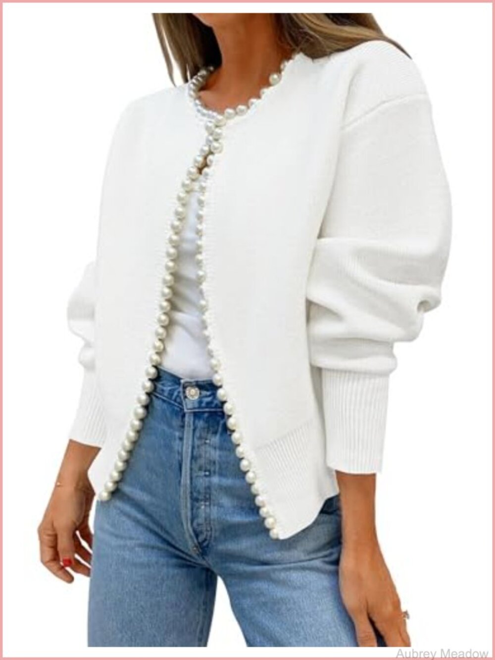 Pearl Embellished Open Front Knit Cardigan Sweater Long Sleeve Women's